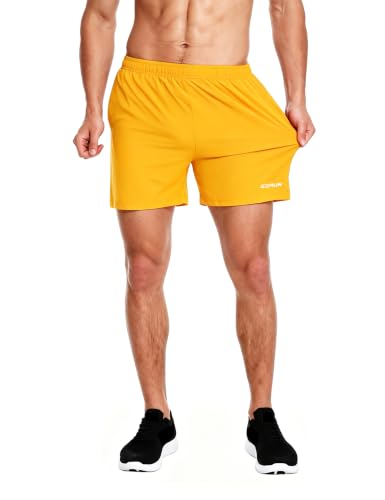 EZRUN Men's 5" Athletic Running Shorts Quick Dry with Liner Zip Pocket - color: Neon Yellow, size: Large