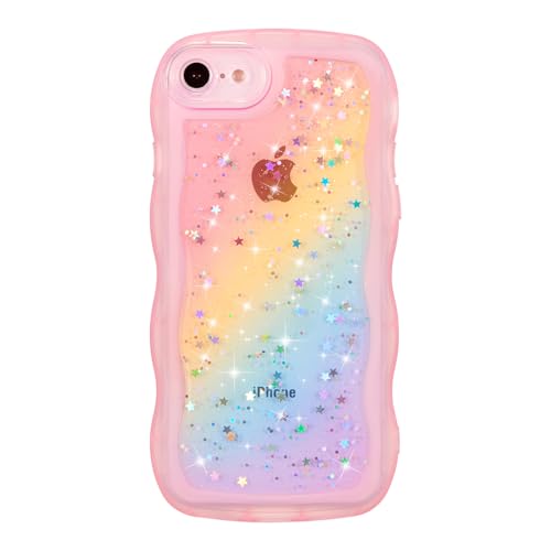 ZTOFERA for iPhone 7/8/SE Case 4.7",Cute Curly Wave Case with Glitter Rainbow Star,Clear Shiny Bling Soft TPU Shockproof Phone Protective Cover for iPhone 7/8/SE-Rainbow Pink - color: Rainbow Pink, size: for iPhone 7/8/SE 4.7"