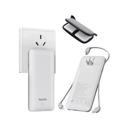 Portable Power Bank, Ultra Slim 10000mAh Portable Charger, USB C External Battery Pack with Built-in AC Plug, Charging Cable, Output Port, Compatible with All Kinds of Cellphones … - color: White