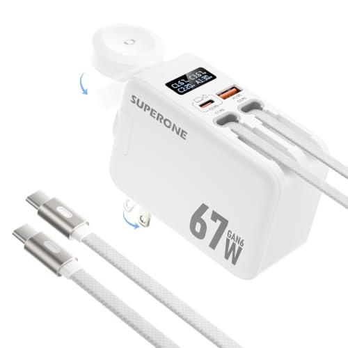 SUPERONE 67W Fast Retractable USB C Charger with Dual Braided Cables - color: Matt White