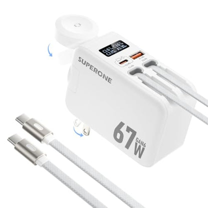 SUPERONE 67W Fast Retractable USB C Charger with Dual Braided Cables - color: Matt White