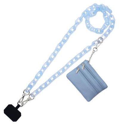 Long Keeper Phone Crossbody Chain Acrylic Phone Lanyards with Zipper Wallet Women Cellphone Strap Wrist Bracelet Purse Strap - color: Light Blue Silver