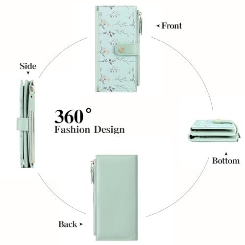 GAEKEAO Womens Wallet RFID Blocking Trifold Large Capacity Ladies Vegan Leather Wallet Floral Multi Card Holder Organizer - color: Y04-Green
