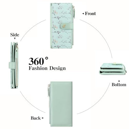 GAEKEAO Womens Wallet RFID Blocking Trifold Large Capacity Ladies Vegan Leather Wallet Floral Multi Card Holder Organizer - color: Y04-Green