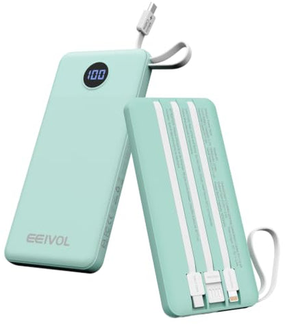 Portable Charger Built in 4 Cables, 10000mAh Power Bank, Green - color: Green