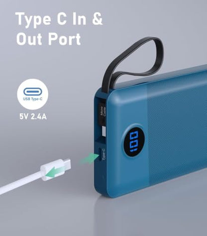 Portable Charger with 4 Built-in Cables, 10000mAh Power Bank, Blue - color: Blue