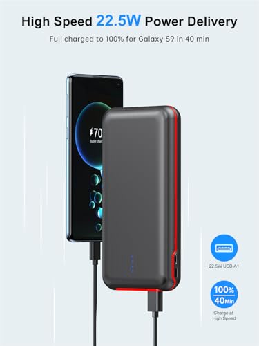 RETMSR Portable Charger 30000mAh 22.5W USB C Fast Charging with Flashlight - color: Black Red
