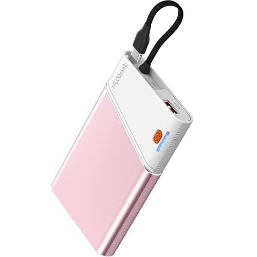 Aaoyun Portable Charger Power Bank, 10000mAh 22.5W PD Fast Charging Powerbank with Built-in USB C Cable, Slim External Phone Battery Pack for iPhone 17/16/15 Samsung S24 Android etc (Pink) - color: Pink