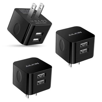 USB Wall Chargers, 2.4A Dual Port Fast Charger Block Flat Power AC Adapter - color: Black, style: 3Pack USB Wall Chargers