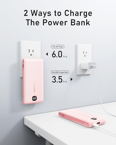 VEEKTOMX 10000mAh Portable Charger with Built-in Cables & Wall Plug - color: Peach