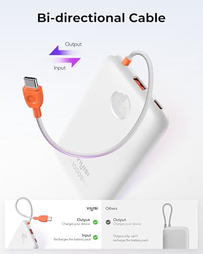 VIYISI 0.58” Slim Portable Charger Small 10000mAh with Built-in USB C Cable - color: White