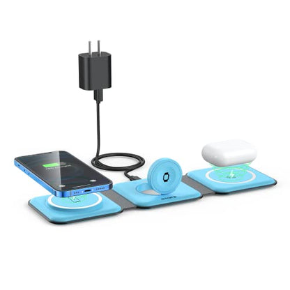 3 in 1 Wireless Charging Station for Apple,Foldable Magnetic Travel Charger - color: ice blue