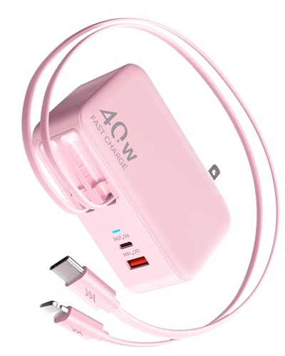 4-in-1 Retractable USB C Wall Charger,40W Fast Charging for Multi-Device - color: Pink