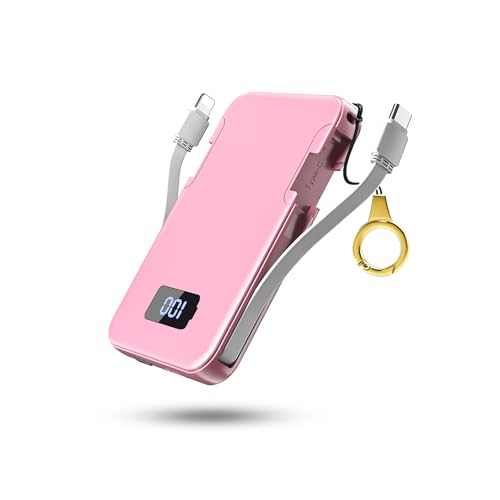 Ultra-Slim 5000mAh Portable Charger for iPhone & Android, Mini Power Bank with Built-in Cables (USB-C & iOS), 5V/2A Small External Battery Pack for iPhone 16/15/14/13, Samsung, Google – Pink