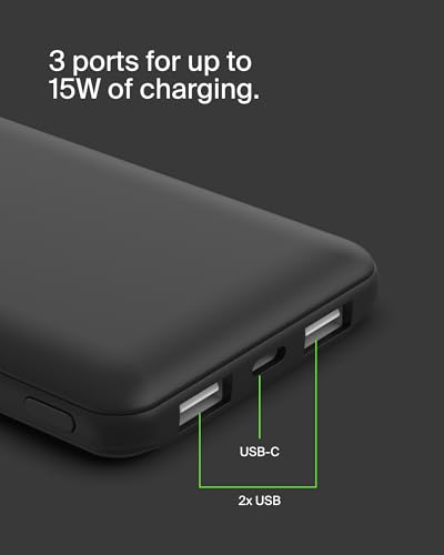 Belkin 10000mAh 15W 3 Port Power Bank, USB A to USB C Cable Included | Fast Charging, iPhone 17, Samsung Galaxy, Pixel, Airpods, iPad, Nintendo Switch 2, Battery Pack, USB C Port, USB A Port - color: Black