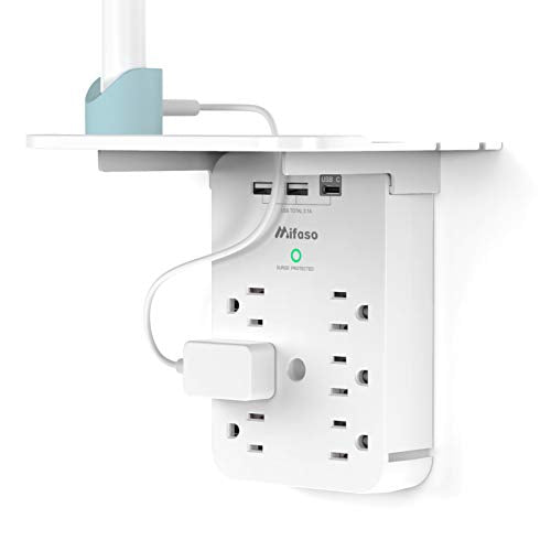 Wall Outlet Extender with Surge Protector, 6 AC Outlets, with Shelf - color: White, size: 3 USB