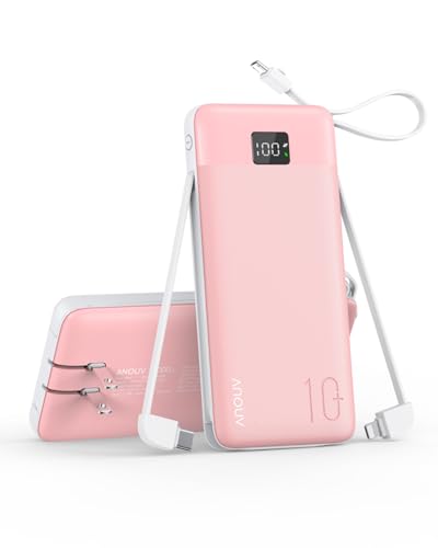 Portable Charger 10000mAh Power Bank w/Built-in 3 Cables & AC Wall Plug - color: Pink