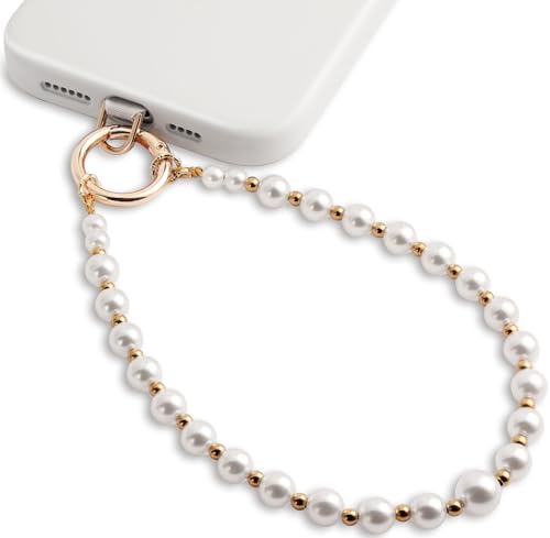 POSADINA Phone Charm for Women, Anti-Theft Phone Wrist Strap, Hands-Free & Beaded Chain, Detachable Lanyard with Tether Tab - color: Pearl Shine Gold