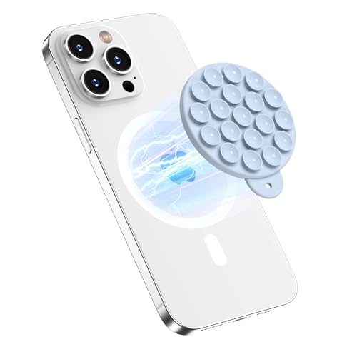 Magnetic Suction Cup Phone Mount with MagSafe, Silicone Hands-Free Grip Holder for iPhone Case and Android, Mirror Shower Phone Stand for Makeup FaceTime Gym Kitchen Bathroom, Baby Blue - color: Baby Blue