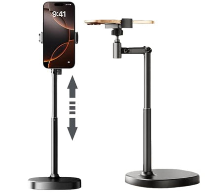 JA-A Adjustable Aluminum Phone Stand for Desk, Universal iPhone Holder, Retractable Cell Phone Stand Compatible with iPhone 17/16/15 Pro Max, Recording & Office Use. (A/Black)