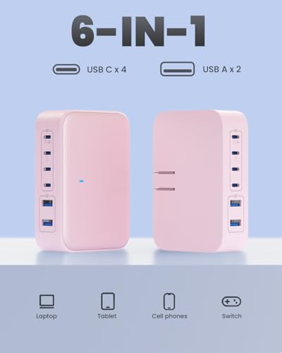 USB C Charger 200W USB Charging Block,6 Ports Foldable Wall Charger Outlet Plug,QC4.0 Fast Charging Station Hub,PD 65W Laptop Adapter for MacBook Pro/Air,Dell,iPhone 17/16/15,Galaxy (Pink) - color: Pink