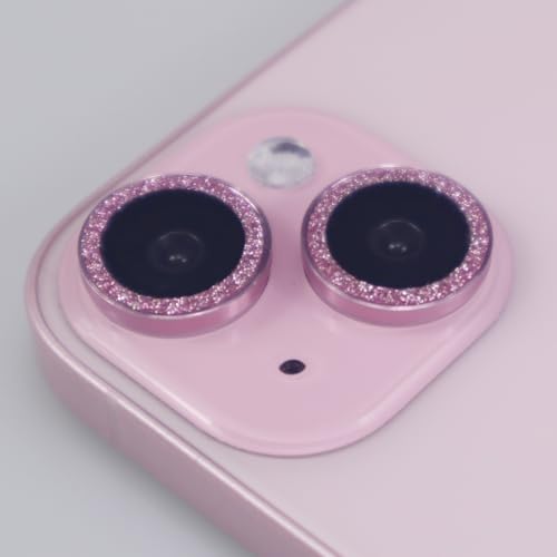 BONVAN for iPhone 15/15 Plus Camera Lens Protector Bling Glitter Metal Crystal Tempered Glass Screen Accessories Sparkly Lens Cover, also Compatible with iPhone 16e (2PCS) (Pink) - color: Pink