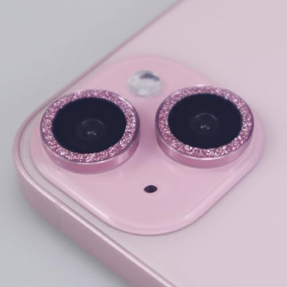BONVAN for iPhone 15/15 Plus Camera Lens Protector Bling Glitter Metal Crystal Tempered Glass Screen Accessories Sparkly Lens Cover, also Compatible with iPhone 16e (2PCS) (Pink) - color: Pink
