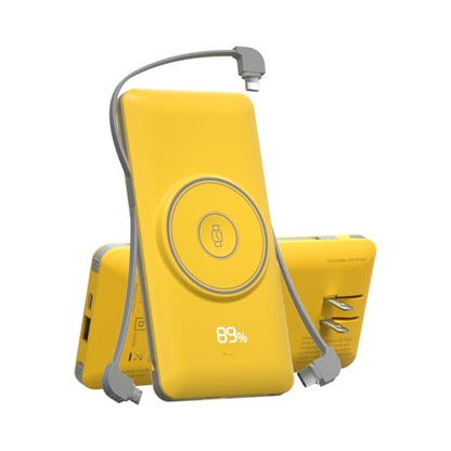 Magnetic 10000mAh Portable Charger for iWatch & iPhone, USB C Fast Charging Wireless Power Bank Built-in Cables and Wall Plug, External Travel Battery Pack Compatible with iOS Android Devices - color: Yellow