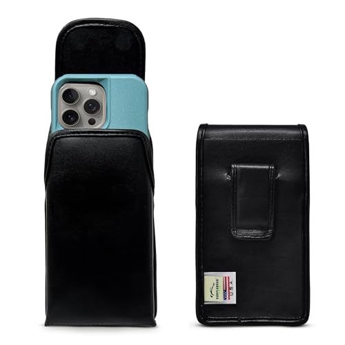 Turtleback Belt Holder for iPhone 16 Pro, 16e, 15 pro 14 Pro 13 Pro -Medium- Fits w/Shockproof Commuter Style Cases, Premium Black Leather Vertical Holster, Magnetic Closure Leather Wrapped Clip - color: Vertical - Leather w/ Leather Clip, size: Medium