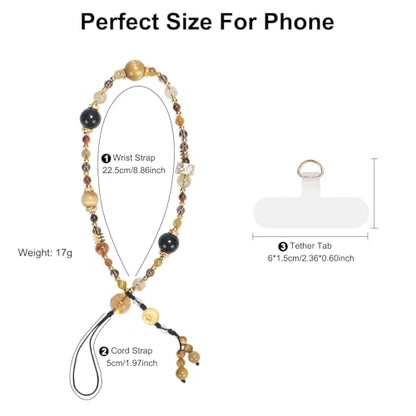 TEAMOLA Natural Stone Phone Charm - Crystal Phone Beaded Wrist Strap - color: Yellow & Black & Gold