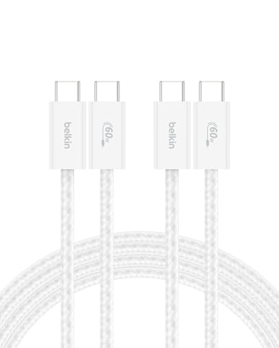 Belkin USB C to USB C 60W Braided Cable 2 Pack, 6.6ft iPhone Charger Cord - color: White, style: 6.6 ft - 2 pack