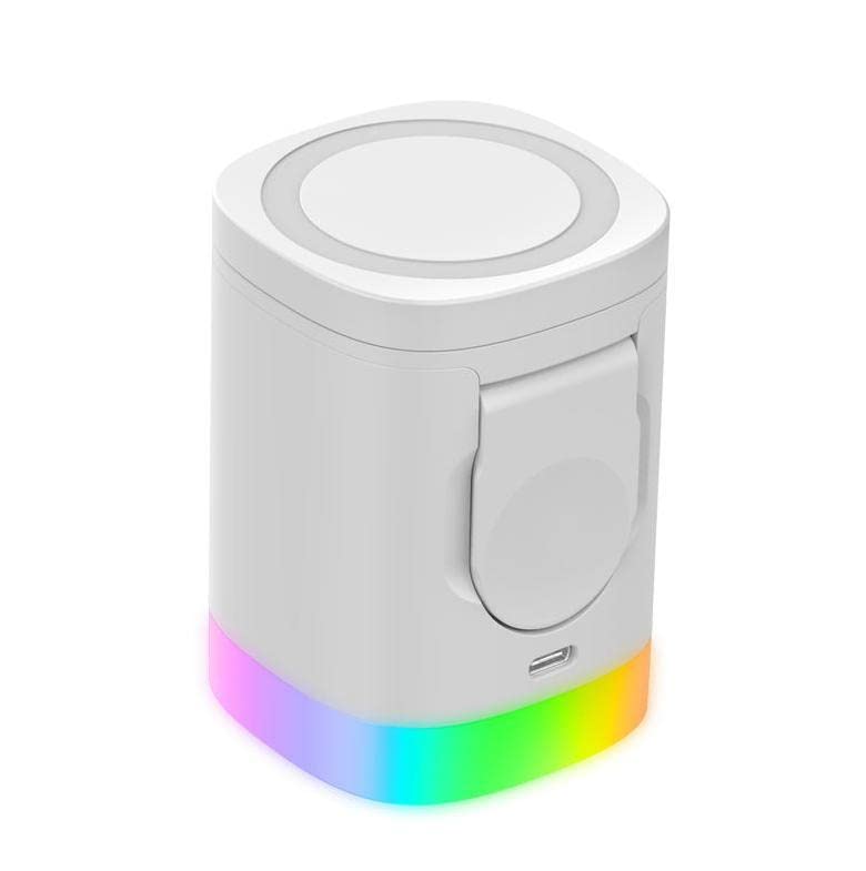 Wireless Charger 3 in 1 Wireless Charging Station QC3.0 15W Cube Charger Smart Watch Earbuds for iPhone Mobile Phone (White)