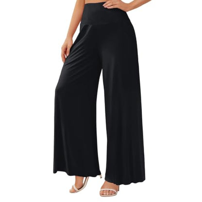 Women's Palazzo Lounge Wide Leg Casual High Waist Flowy Pants with Pockets - color: 01-black, size: Large