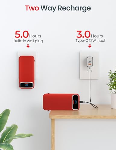 aonidi Portable Charger 12000mAh with Built-in Cables&AC Wall Plug, Red - color: Red