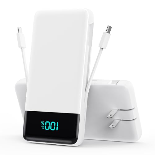 Portable Charger Power Bank for iPhone with Built-in Cables and AC Wall Plug, 13800mAh Ultra Slim Travel Essentials,USB C Fast Charging External Battery Pack for iPhone 17/16/13,Galaxy,Android-White - color: White