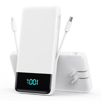 Portable Charger Power Bank for iPhone with Built-in Cables and AC Wall Plug, 13800mAh Ultra Slim Travel Essentials,USB C Fast Charging External Battery Pack for iPhone 17/16/13,Galaxy,Android-White - color: White