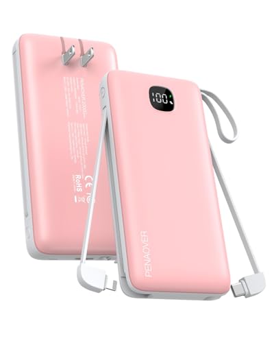 penaover Portable Charger with Built-in Cables&AC Wall Plug,5 Output 2 Input 20000mAh Power Bank,22.5W Fast Charging Battery Pack with LED Display,Compatible with iPhones,Android, Samsung etc,Pink - color: Pink
