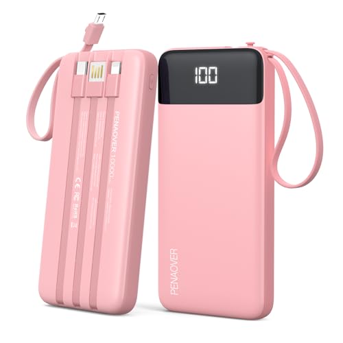 Portable Charger Built-in Cables,10000mAh Fast Charge Power Bank for iPhone - color: Pink