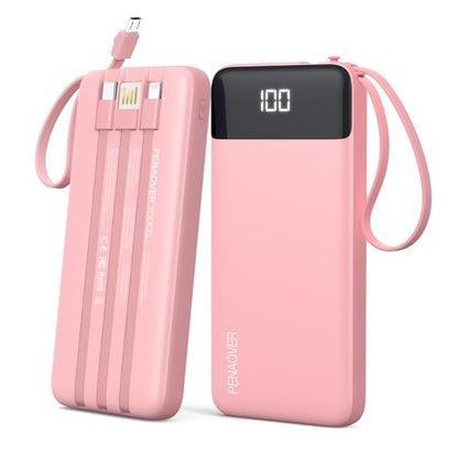 Portable Charger Built-in Cables,10000mAh Fast Charge Power Bank for iPhone - color: Pink