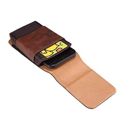 Cell Phone Belt Clip Bag Leather, Cell Phone Waist Holster for Men Small, Waterproof Vertical Cell Phone Wallet Purse Pack Outdoor Hiking Belt Loop Pouch with Locking Hook for Smartphones Under 5.2" - color: Brown