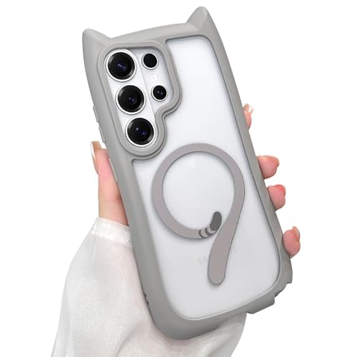 AIGOMARA Cute Case for Samsung Galaxy S26 Ultra Case with Cat Ears, Gray | Kawaii Magnetic Kitty Tail Design [Compatible with MagSafe] Clear Aesthetic Drop Proof Phone Cover for Women Girls - color: Gray, size: Samsung Galaxy S26 Ultra