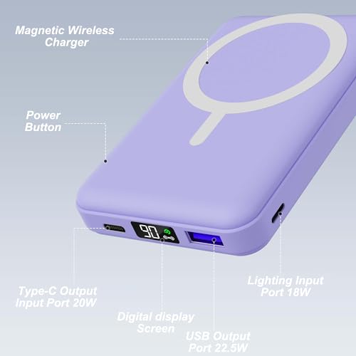 AOGUERBE Magnetic Power Bank, 10000mAh Wireless Portable Charger with Stand - color: Lilac