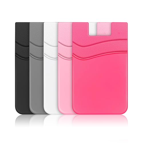 SHANSHUI Phone Wallet, Strong Adhesive Silicone Wallet Sleeve Pocket Stick on ID Credit Card Holder for All Smartphones - 5 Pack Black White Grey Pink Rose - color: Red+Black+White+Grey+Pink