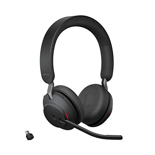 Jabra Evolve2 65 Bluetooth Wireless Headset with Mic for Calls and Music, Dual-Ear Headphones with USB-C Adapter, Up to 37 Hours Battery, Noise-Cancelling, Works with Microsoft Teams, Black (189) - size: USB-C Dongle, style: Teams Certified