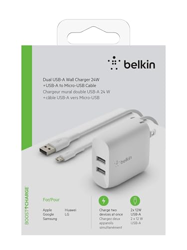 Belkin 24W Dual Port USB Charger Block, Micro USB Cable Included - size: 1.37 x 3.98 x 5.15 inches, style: Includes mUSB Cable