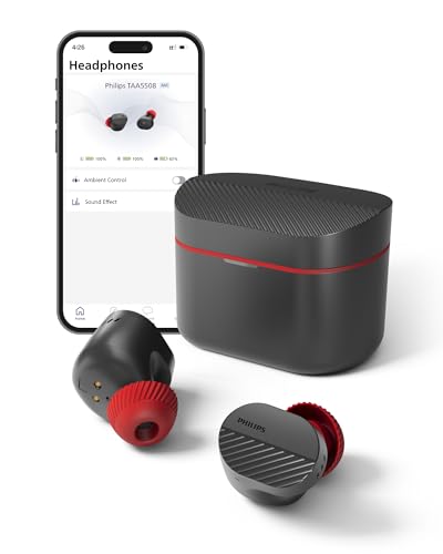 PHILIPS TAA5508 Wireless Earbuds,True Wireless Headphones with Noise Canceling Pro,Quality Sound,28 H Battery Life,Fast Charging,Bluetooth 5.3,Multipoint Connectivity,IPX5,for Sports,App Control,Black - size: With tips, style: A5508|Sport series