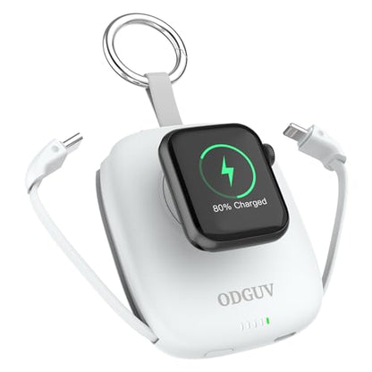Small Portable Charger 5000mAh,iWatch Wireless Charger Mini Power Bank with Built-in Cable,Travel Keychain Charger for Apple Watch 11/10/9/8/Ultra/7/6/Se/5/4,iPhone 17/16/15/14/13/12,Android Phone - color: White