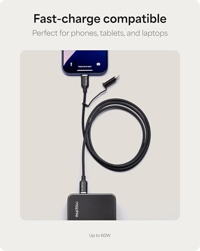 Mophie Charge Stream USB-C to USB-C 1m/3ft Cable with Lightning Adapter - 60W Fast-Charge Universal Charging Cable, MFi Certified, Dual Tip Adapter, Braided, Durable for iPhone, iPad, Android, MacBook - size: 3 feet, style: USB-C to USB-C w/Lightning Adap