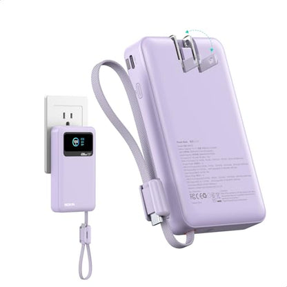 MOKiN 3-in-1 Power Bank,10000mAh 40W Portable Charger with Foldable Plug,Built-in USB-C Cable & LCD Display,Travel Essential Phone Fast Charging Battery Pack,for iPhone 17/16,Samsung etc (Purple) - color: Purple