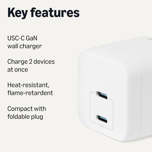 Amazon Basics 35W Fast Charging USB-C Nano GaN Wall Charger, 2-Port for Phones, Tablets, Charge 2 Devices Simultaneously, White - color: White, style: 35 W Two Port